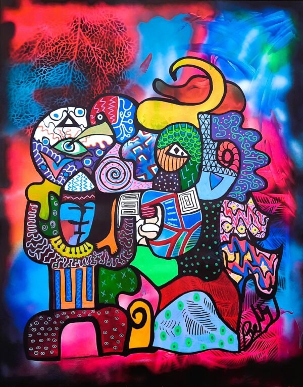 "Un jour, le chef d'une tribu a dit : ne dirige pas pour le pouvoir mais pour le partage et ainsi tu seras digne de régner". De lyskaon. Création tres symbolique representant la famille, le clan, la tribu... L'élément fort de cette oeuvre est la présence du totem