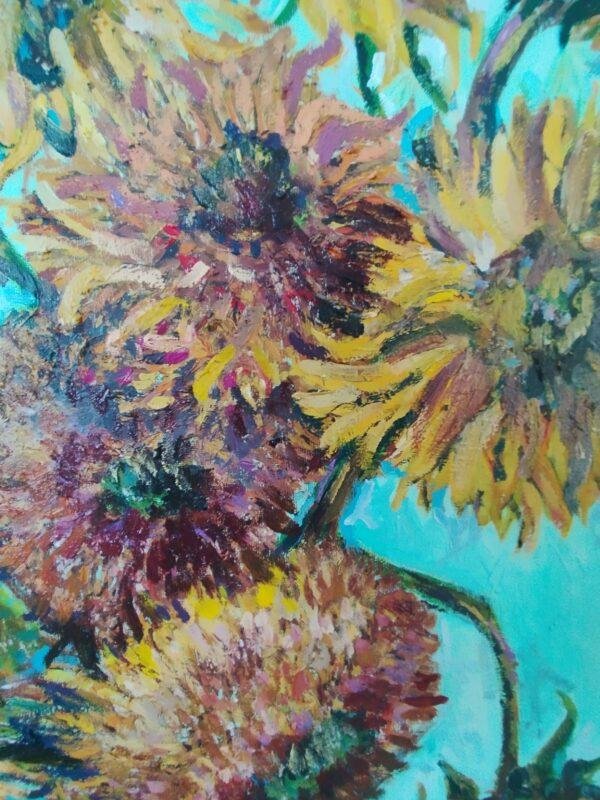 peinture à l'huile intitulée "Les tournesols d'après Vincent Van Gogh"