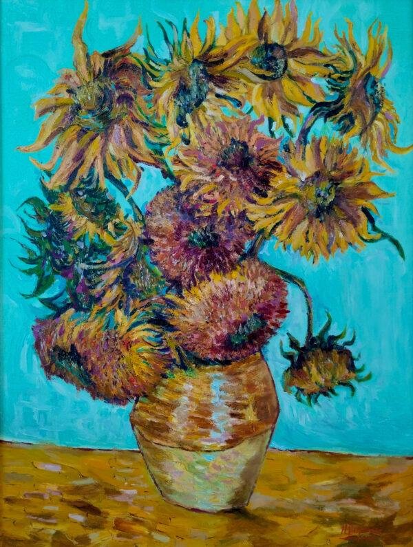 peinture à l'huile intitulée "Les tournesols d'après Vincent Van Gogh"