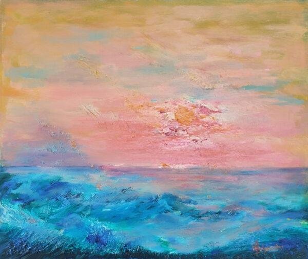 capture la sérénité et la beauté d'une aube sur l'océan