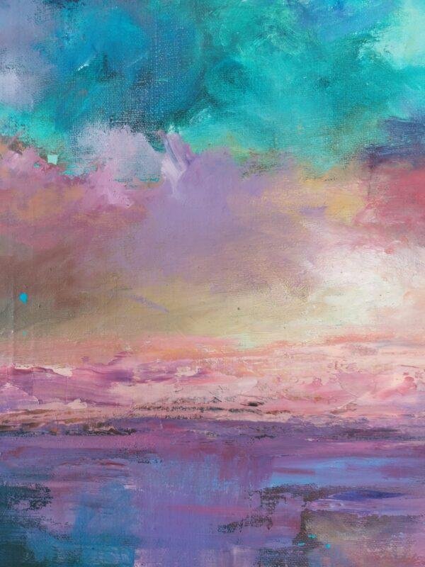 magie et la tranquillité d'un crépuscule céleste, où le ciel se transforme en un kaléidoscope de couleurs se reflétant sur une étendue d'eau calme