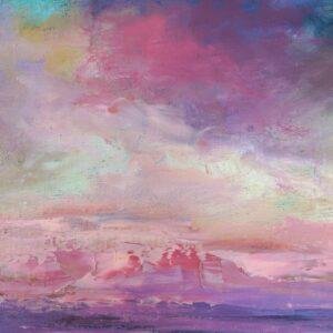 magie et la tranquillité d'un crépuscule céleste, où le ciel se transforme en un kaléidoscope de couleurs se reflétant sur une étendue d'eau calme