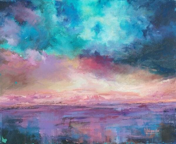 magie et la tranquillité d'un crépuscule céleste, où le ciel se transforme en un kaléidoscope de couleurs se reflétant sur une étendue d'eau calme