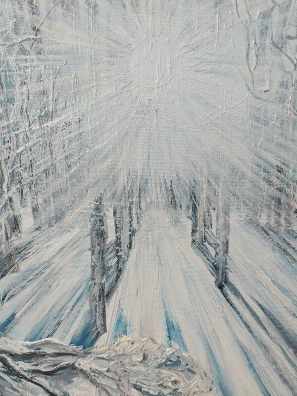 beauté sereine et mystérieuse d'une forêt enneigée illuminée par la lumière du soleil