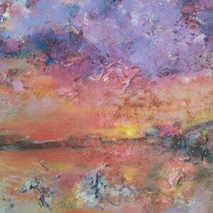 Cette œuvre d'Iryna Malynovska capture la magie et la splendeur d'un crépuscule écarlate, où le ciel se transforme en un kaléidoscope de couleurs se reflétant sur une étendue d'eau calme.