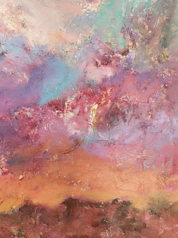 Cette œuvre d'Iryna Malynovska capture la magie et la splendeur d'un crépuscule écarlate, où le ciel se transforme en un kaléidoscope de couleurs se reflétant sur une étendue d'eau calme.