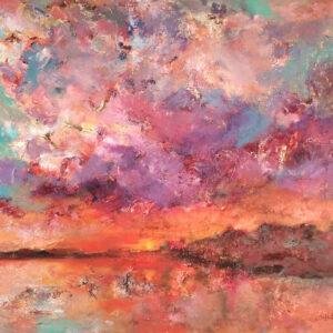 Cette œuvre d'Iryna Malynovska capture la magie et la splendeur d'un crépuscule écarlate, où le ciel se transforme en un kaléidoscope de couleurs se reflétant sur une étendue d'eau calme.