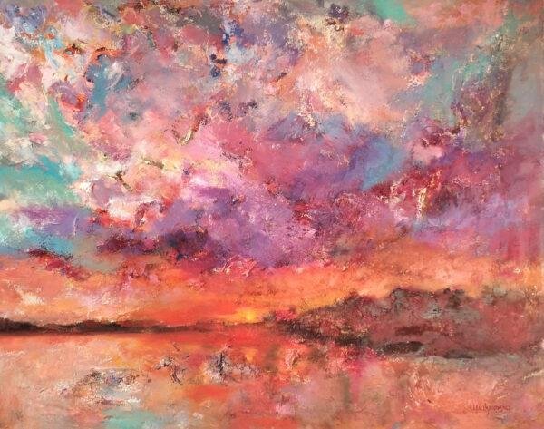 Cette œuvre d'Iryna Malynovska capture la magie et la splendeur d'un crépuscule écarlate, où le ciel se transforme en un kaléidoscope de couleurs se reflétant sur une étendue d'eau calme.