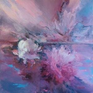 Ma peinture est dominée par des nuances de rose, de violet et de bleu, créant une atmosphère douce et mystérieuse. Les fleurs sont représentées de manière abstraite, avec des contours flous et des couleurs qui se mélangent harmonieusement.