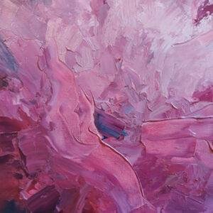 Ma peinture est dominée par des nuances de rose, de violet et de bleu, créant une atmosphère douce et mystérieuse. Les fleurs sont représentées de manière abstraite, avec des contours flous et des couleurs qui se mélangent harmonieusement.