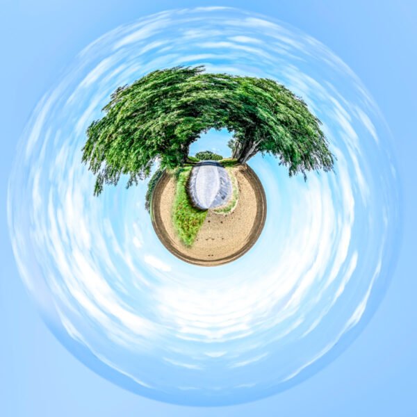 Photo mini planète d'un couple d'arbres de part et d'autre d'une route