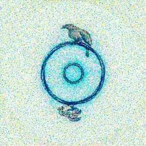 Photo mini planète de deux pigeons suspendus à un cercle avec un style pointilliste et une couleur vert pâle