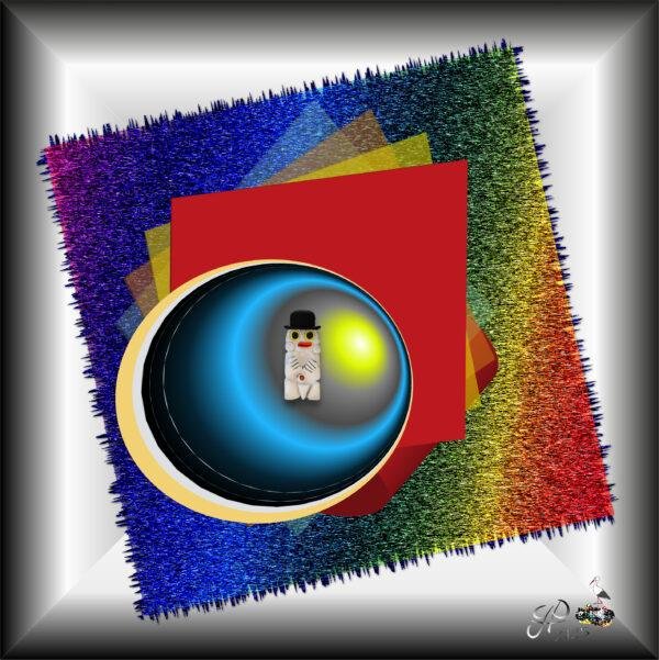 - Un être énigmatique, au yeux jaunes, mi martien, mi-reflet de nous mêmes, nous observe depuis sa sphère bleutée. Coiffé d'un chapeau melon, il incarne l'ironie d'un regard venu d'ailleurs, posé sur notre monde. Cette oeuvre interroge : Qui observe qui ? -