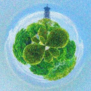 Photo d'art de type mini planète de la Tour Eiffel à Paris, France, devant un bouquet de végétation verte. La photo est traitée de manière pointilliste